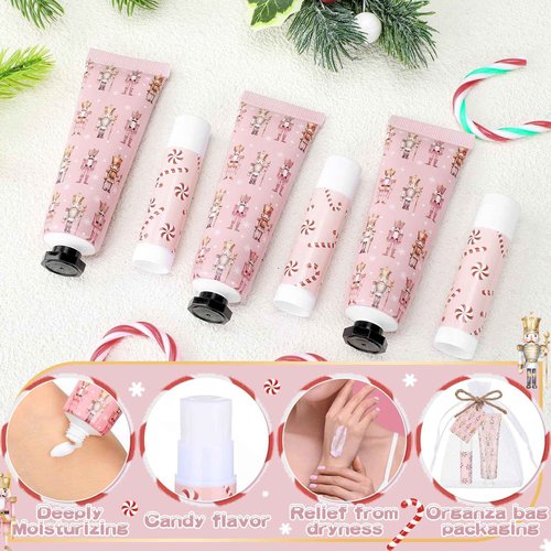 Dansib 24 Sets Christmas Pink Nutcracker Hand Cream and Candy Lip Balm Gift Christmas Party Favors Travel Size Hand Lotion and Lip Balm Bulk Wedding Bridal Baby Shower Party Supplies for Guest