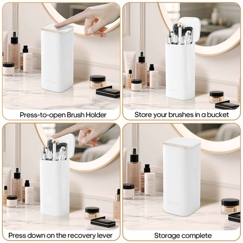 Osuke Makeup Brush Holder with Lid Cosmetic Tools Organizer,One Touch Open 4 Slot Makeup Brush Case with Waterproof Dustproof, Cosmetic Storage for Dresser Vanity and Bathroom Countertop
