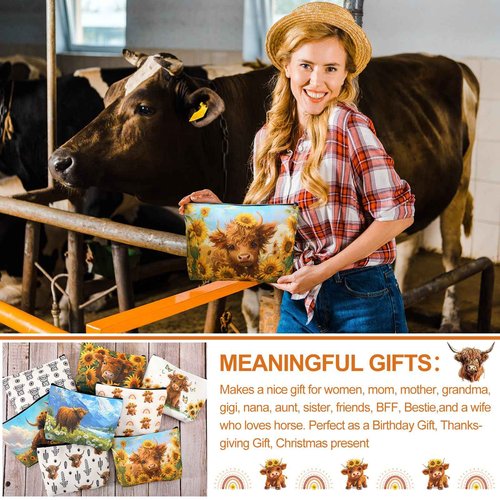 Bulyoou 8 Pcs Highland Cow Makeup Bag Bulk Western Cowgirls Gifts for Women Sunflower Daisy Floral Cow Print Makeup Bag Spring Highland Cow Lover Gifts for Mothers Day, Birthday