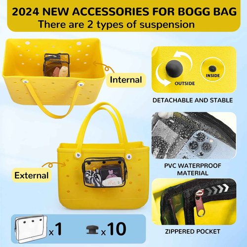 Retooler 4 Packs Clear Bogg Bag Accessories with a Pair of Arm Sleeves and 2 Packs Decoration Charms for Bogg Bag Beach Tote Bag Travel Cellphone Makeup Clean Toiletry Brush Cosmetic Organizer- Black