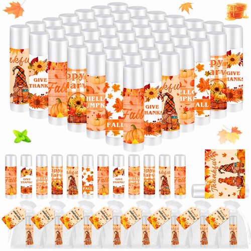 QAUYETM 50 Set Thanksgiving Gifts Lip Balms Bulk Fall Party Favors 6 Assorted Flavors with Cards Autumn Pumpkin Maple Leaf Chapstick Thanksgiving Gifts for Women Men Coworkers