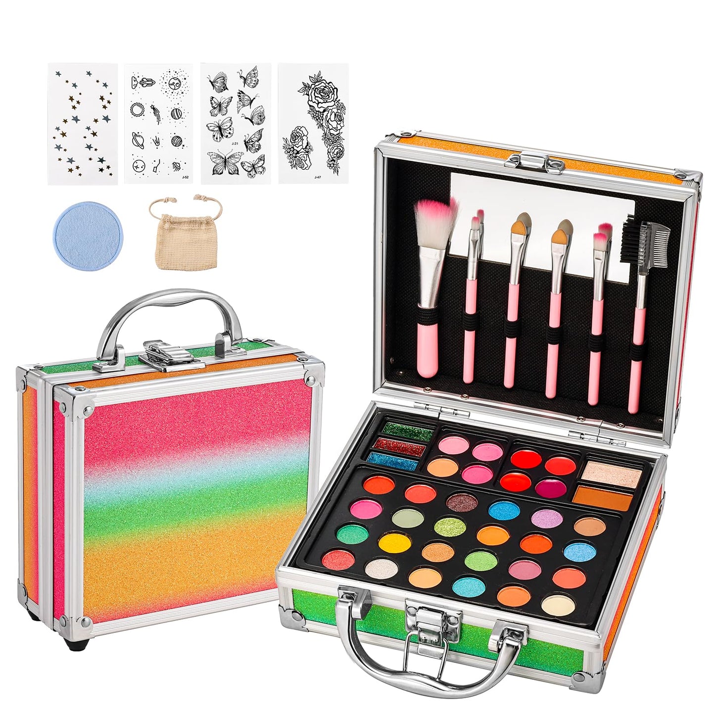 Anpro All-In-One Makeup Carry Case with Pro Teen Makeup Set, Full Starter Cosmetics Kit with Makeup Brushes, Eye Shadows Palette, Blushes, Glitter Gel, Temporary Tattoo Stickers