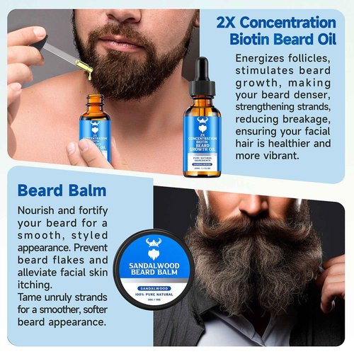 Beard Growth Oil & Beard Balm - Beard Growth Kit with 2X Concentration Biotin for Men, Natural Ingredients with Argan Oil, Jojoba Oil and Vitamin (Sandalwood)