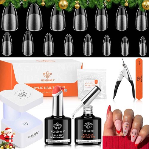 modelones Gel Nail Kit Almond, Upgrade 15Sizes Fake Nails, 9-in-One Glue Dehydrator & Mini U V Light Clipper, 510Pcs Medium Almond Press on Tips for Extension DIY Salon Home Gift