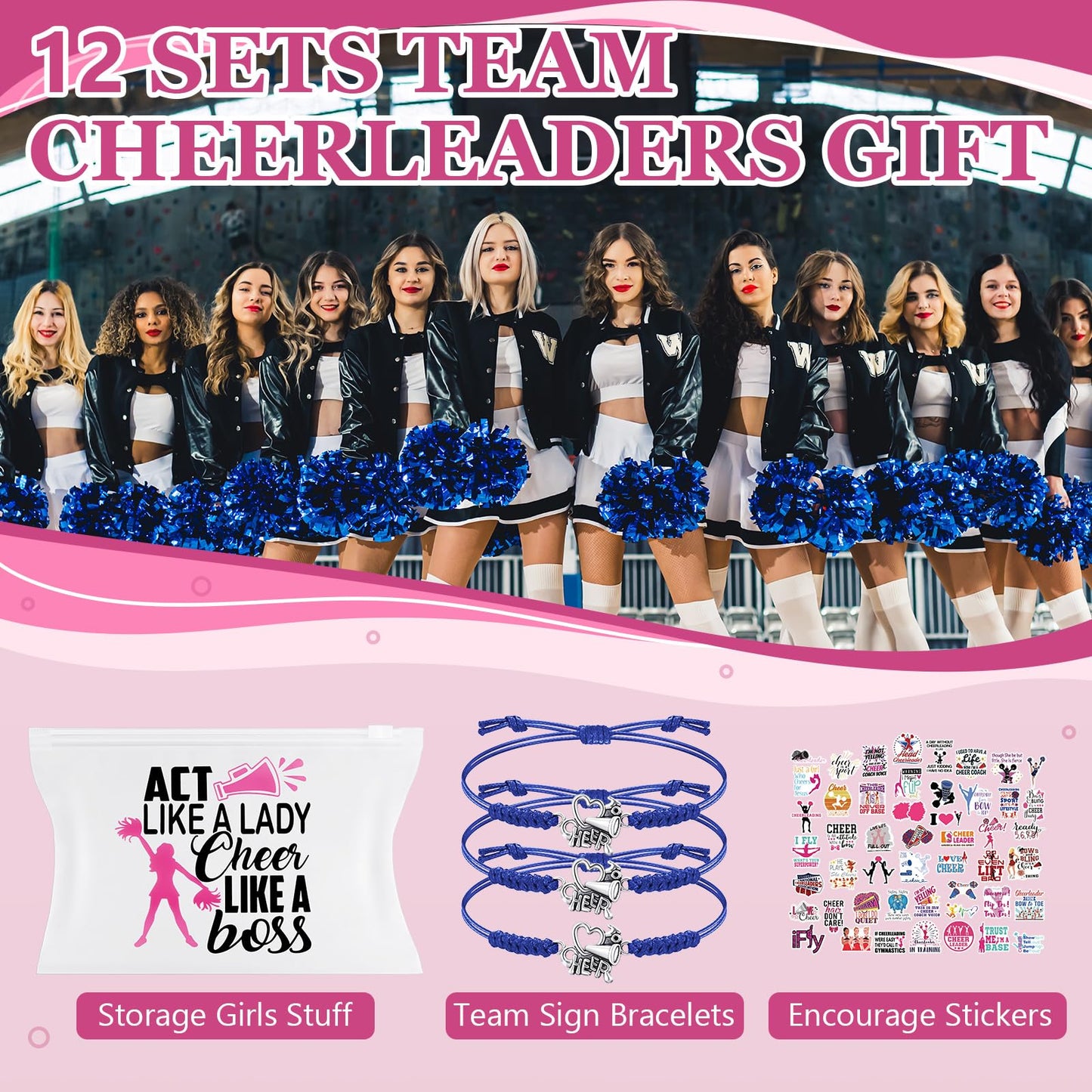 74 Pack Cheerleader Gifts Tenins Gift Set - 12 Cheer Makeup Bag 12 Adjustable Cheer Bracelets 50 Cheerleading Stickers for Cheer Team Party Favors Girls Cheerleader Christmas Gifts