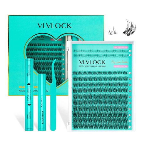 VLVLOCK Lash Clusters Kit Clear Band Natural Cluster Lashes with Bottom Lash Clusters 5-16MM Individual Lashes Wispy False Lashes with Lash Bond and Seal,Lash Tweezer DIY at Home(Ivy Kit)