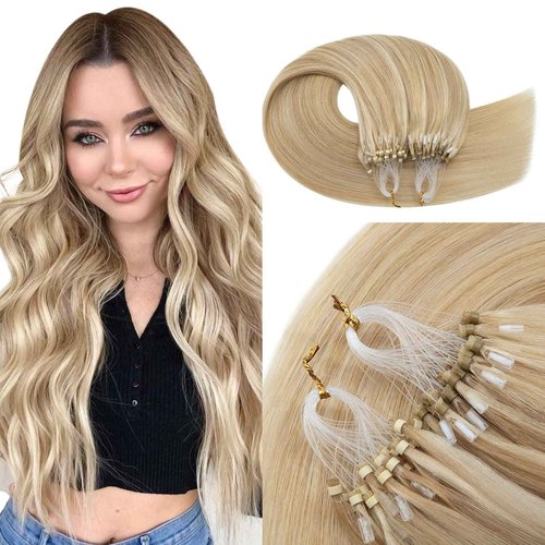 TESSHAIR Micro Loop Hair Extensions, 100% Remy Human Hair, Microlink Extensions, No Tangle & Smooth, 50 Strands 50g, 16 Inch #Blonde & Bleach Blonde