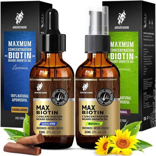 aokur 2 Pack Beard Growth Oil for Men – Sandalwood & Unscented – High Strength Biotin Serum – Softens, Strengthens & Boosts Beard Growth – Gift Set for Father’s Day, Anniversaries & Christmas