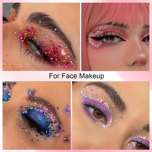 Canvalite Rhinestones for Face Colorful Face Gems Face Jewels White & Beige Half Round Pearls Eye, Hair, Nail Gems with Quick Dry Glue, Rhinestones Picker, Tweezers for Nail Art Face Makeup