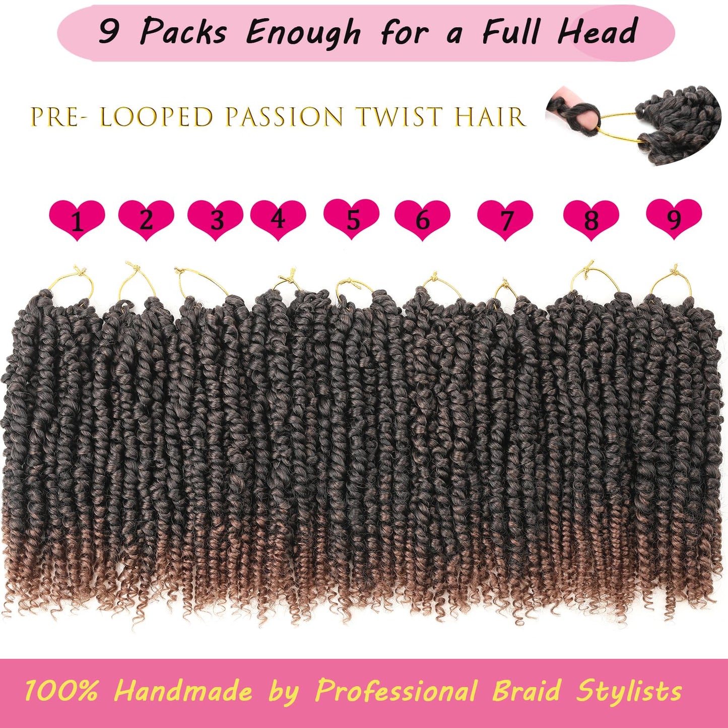 Passion Twist Hair 10 Inch 9 Packs Passion Twist Crochet Hair for Black Women Pre Looped Short Passion Twist Hair Pre-twisted Bohemian Passion Twists Braiding Hair for Kids and Girls (10 Inch,1B)