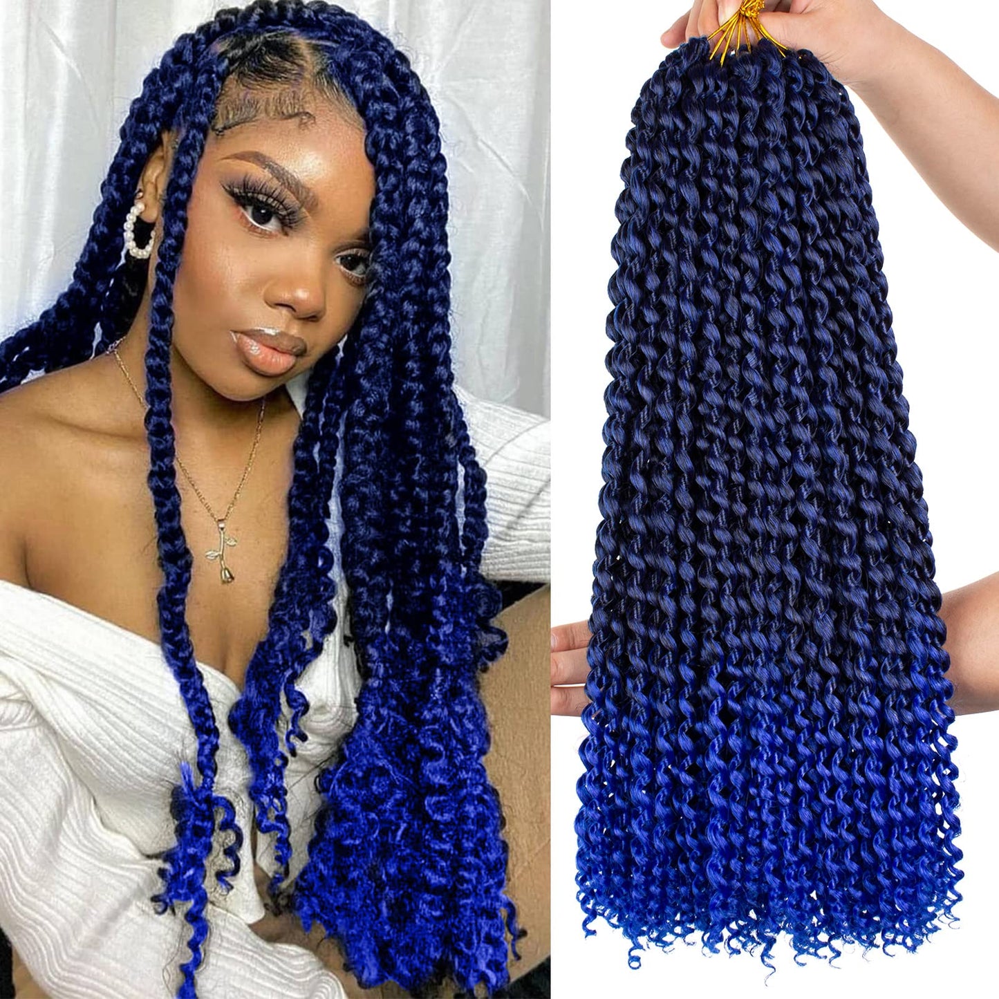 Leeven 18 Inch 7 Packs Ombre Blue Passion Twist Crochet Hair for Butterfly locs Synthetic Bohemian Water Wave Crochet Braiding Hair for Passion Twist 1B/Blue#