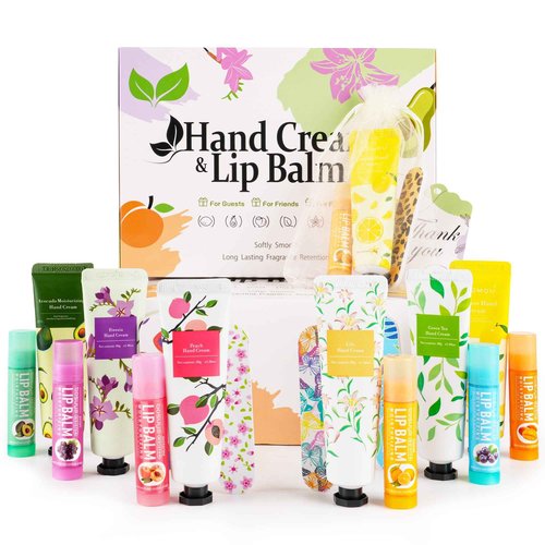 CUDICY Hand Cream and Lip Balm Bulk 24 Gift Sets Party Favors for Baby Shower Bridal Shower Wedding for Guests Prizes Women Adults Bachelorette Travel With Nail Files Thank You Cards Organza Bags