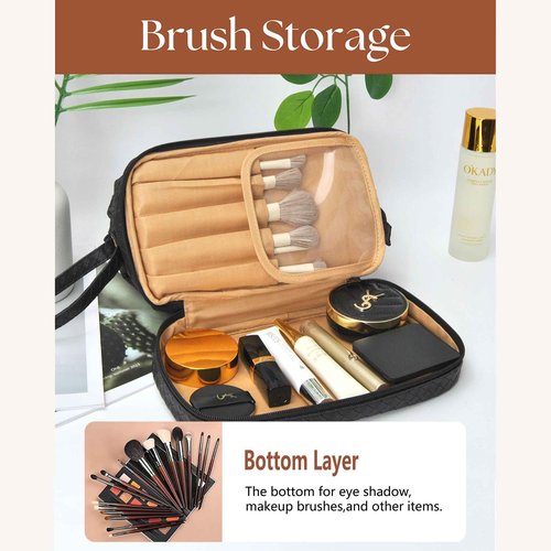NGIL Faux Leather Cosmetic Bag for Women, Makeup Bag Organizer, Makeup Brush Storage, Portable Travel Bag for Toiletries (Woven, Black, Medium)