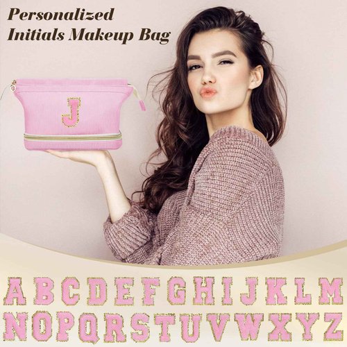 Birthday Gifts for Girls, Personalized Initial Make up Bag 18th Birthday Gifts for Girls Women, Travel Make up Bag Cosmetic Bag Preppy Stuff Bag for Her Mom Girlfriend Wife Teacher - Pink C