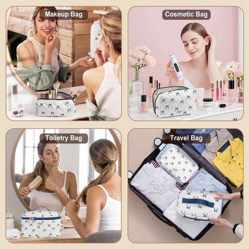 TOPEAST Christmas Gifts for Women Girls - 3Pcs Travel Makeup Bag Large Cute Quilted Make Up Bag for Purse, Portable Big Cosmetic Brush Pouch, Blue Bow