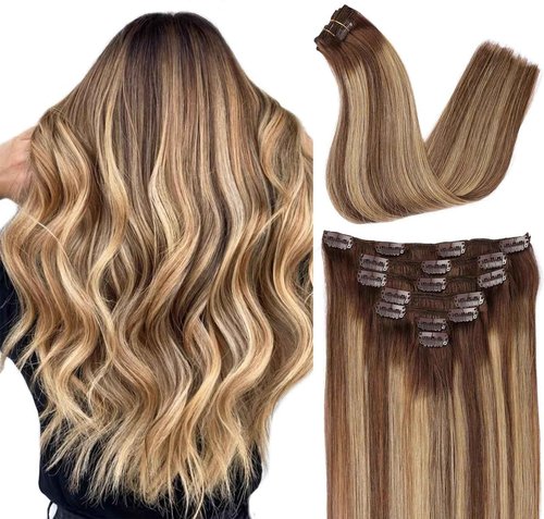 ORIGEN Clip in Hair Extensions Real Remy Human Hair Chocolate Brown to Caramel Blonde Highlights Straight Hair for Women 7pcs 80g 12 Inches