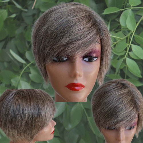 LSXCSM Salt and Pepper Human Hair Wig Short Pixie Cut Wigs with Bangs for Older Black Women Grey