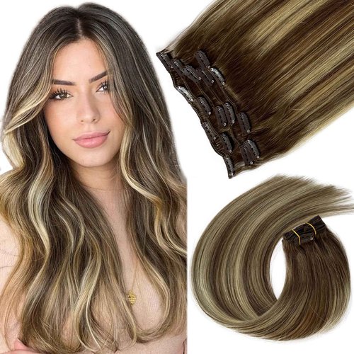 Clip in Hair Extensions Real Human Hair 16 inch Ombre Brown Mixed Honey Blonde Highlight Long Seamless Clip in Hair Extensions for Women Clip in 70G