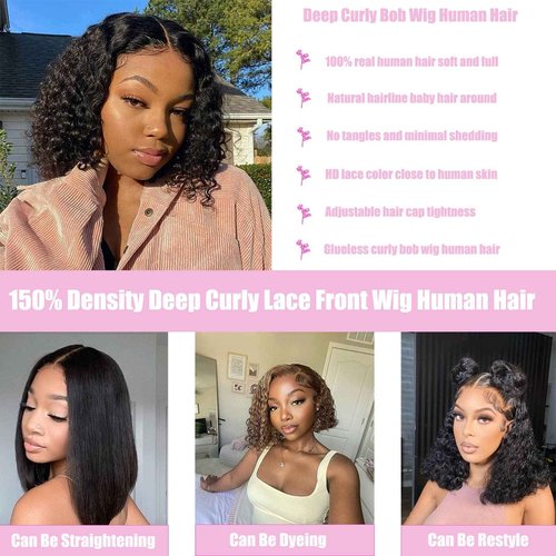 Keytac Deep Wave BOB Wig Human Hair 13x4 HD Curly BOB Lace Front Wigs Human Hair Pre Plucked Wear And Go Glueless Short Curly Frontal BOB Wigs For Black Women Wet And Wavy 12 Inch