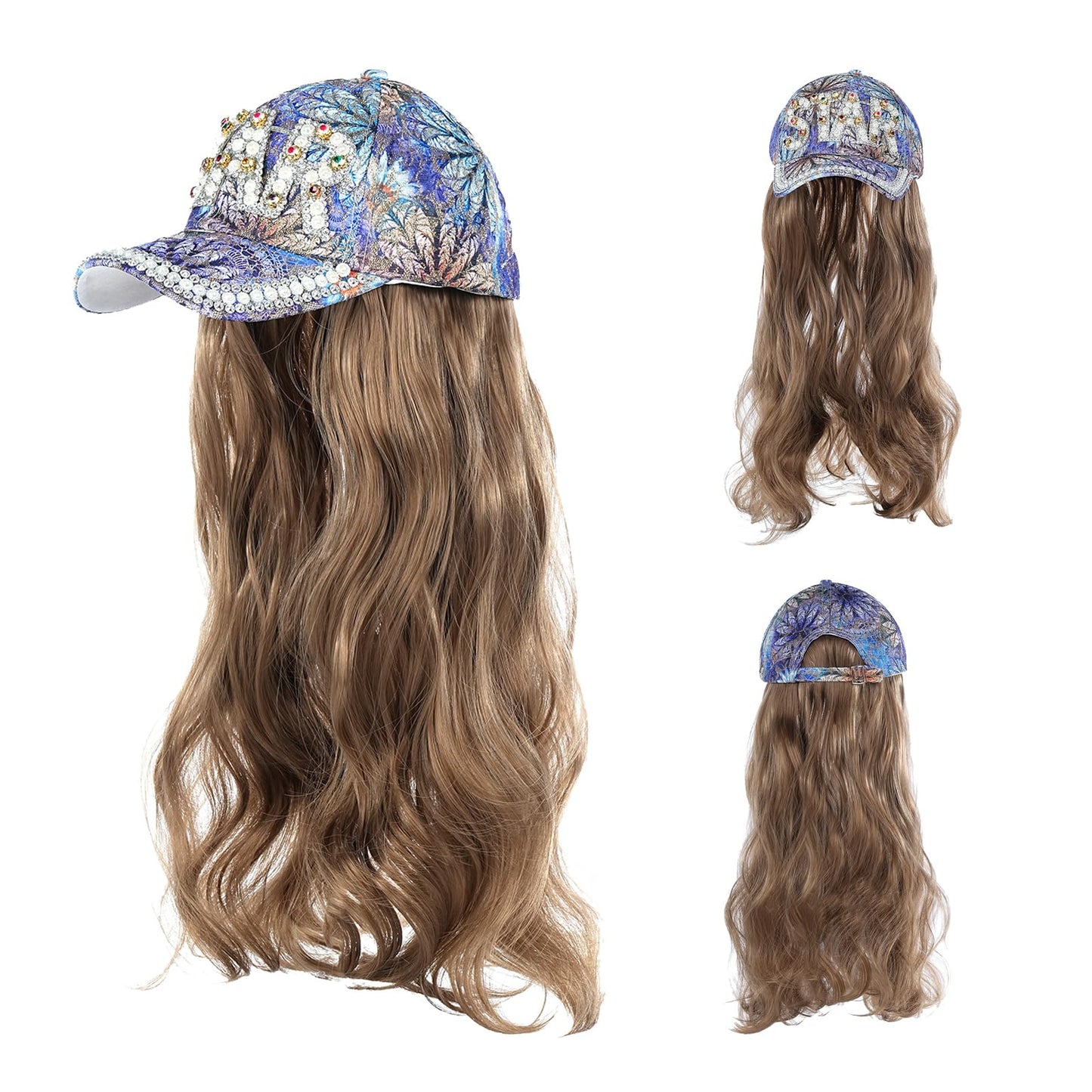 SUNBORRY Hat Wig for Women Baseball Cap with Hair hat with hair attached for women Extensions Adjustable Hat Attached 29" Long Wavy Hairpieces Synthetic Wig