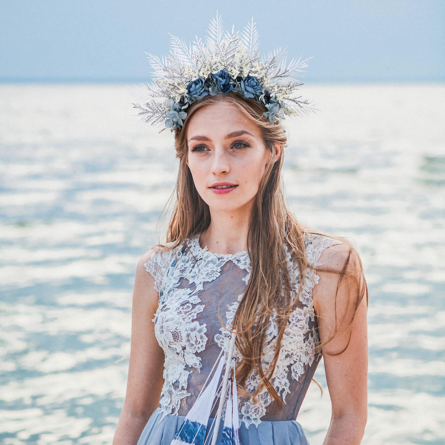 COSUCOS Fairy Flower Crown Headband Hawaii Wedding Headpiece Goddess Headwear Bridal Shower Party Festival Renaissance Costume Blue Floral Crowns