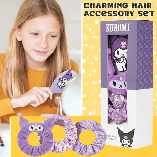 Hello Kitty Sanrio Hair Brush & Scrunchies Set for Girls, Teens, Women, Kuromi, Cinnamoroll Cute Stuff, Detangler Brush, Kawaii Gifts for Her (Kuromi Brush & Scrunchies)