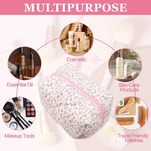 dark swan Cotton Quilted Makeup Bag, Cute Pouch Toiletry Bag Cosmetic Bag Quilted Floral Organizer Bag Travel Coquette Aesthetic Portable Storage Zipper Purse for Women (Pink)