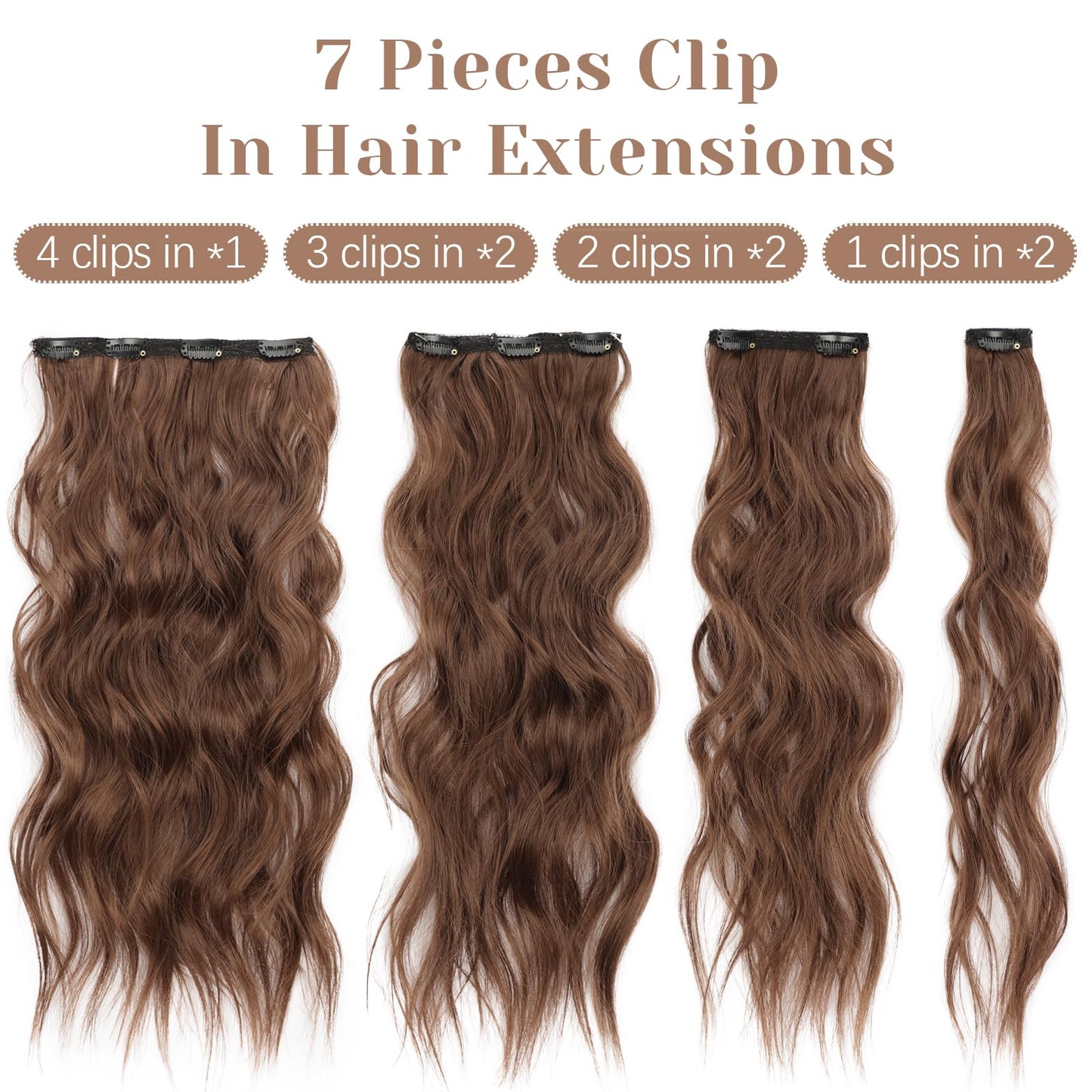 KooKaStyle Hair Extensions, 7PCS Clip in Hair Extension, 20 Inch Chestnut Brown Long Wavy Natural Soft Thick Hairpieces for Women