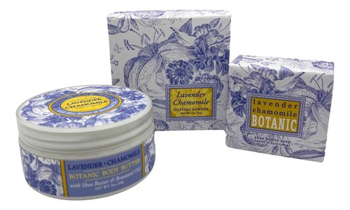 Greenwich Bay LAVENDER CHAMOMILE 3 Piece Beauty Gift Set of : BODY BUTTER, SPA SOAP, and DUSTING POWDER