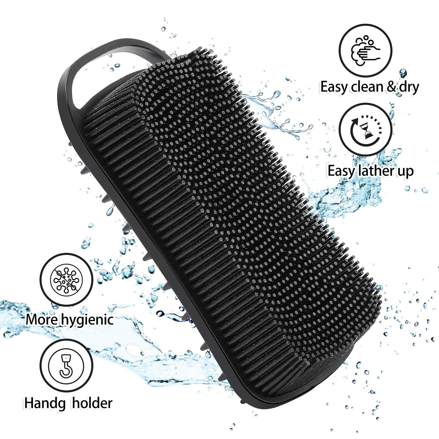 2 Pack Silicone Exfoliating Body Scrubber, 2 in 1 Body Brush & Hair Scalp Brush for Shower and Bath, Soft Silicone Loofah, Easy to Clean with Optimal Lathering (Black, Green)