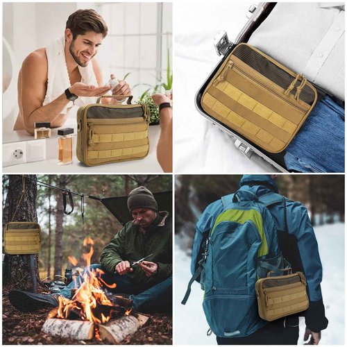 SUNRISING Tactical Toiletry Bag for Men Hanging Travel Toiletries Organizer Dopp Kit Toiletry Bags Shaving Hygiene Bag, Durable Bathroom Essentials Men's Toiletry Bag for Short Trips Camping - Khaki