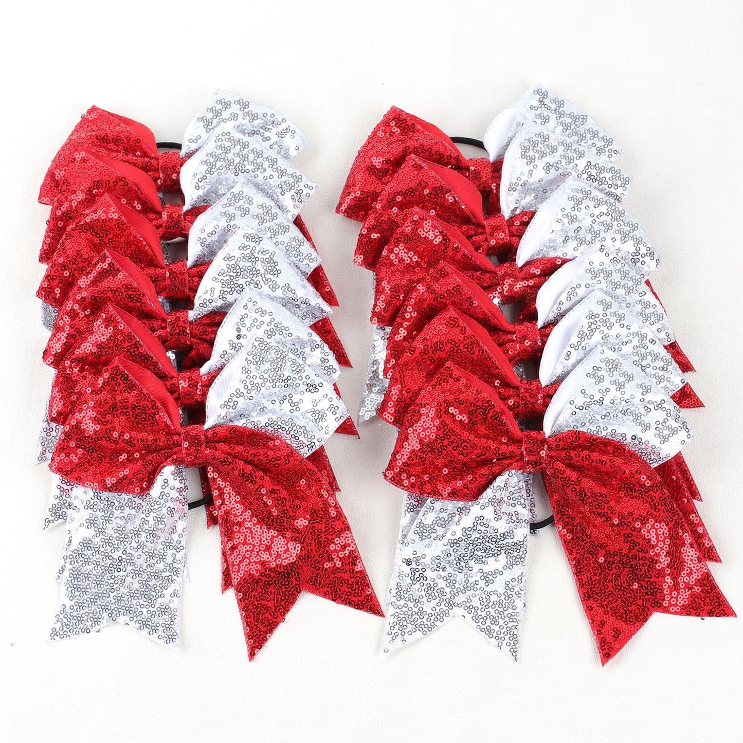 Oaoleer 12PCS 7" Sequin Glitter Cheer Bows - Large Sparkly Cheer Hair Bows for Girls - Competition Cheerleader Bows - Ponytail Holder with Elastic Band Hair Tie for Cheerleading Team Sports, Silver