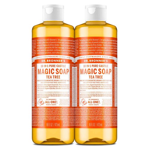 Dr. Bronner's Pure-Castile Magic Soap Liquid (Tea Tree, 16 Ounce, 2-Pack)-Made with Regenerative Organic Certified Oils, 18-in1 Uses: Face, Hair, Hand & Body Soap, Laundry- Concentrated, Vegan