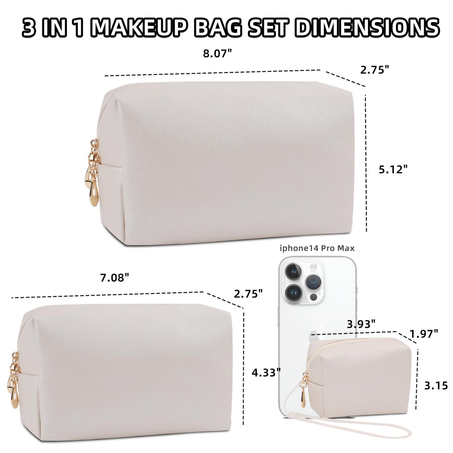 Likesing Small Makeup Bag Set, 3 Piece Preppy Nylon Travel Cosmetic Bags for Women, Mini Storage Pouch for Cosmetics Make Up Toiletry, Birthday Gift for Teen Girl (Beige, 3.5''-7.6'')