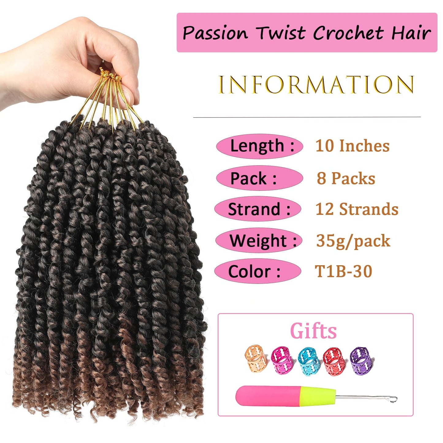 8 Packs Passion Twist Crochet Hair 10 Inch Pre-twisted Passion Twist Hair Pre Looped Crochet Hair for Black Women Short Ombre Brown Passion Twist Hair for Kids and Girls (10 Inch,T1B/30,8 Packs)