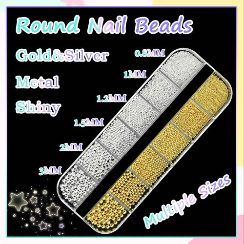 RODAKY 2 Boxes Metal Nail Beads and Flatback Pearls,Metal Silver & Gold Beads Nail Supplies Small Round Caviar Beads Nail Gems,White & Beige Half Pearl for Nail Jewelry DIY Nail Art Décor