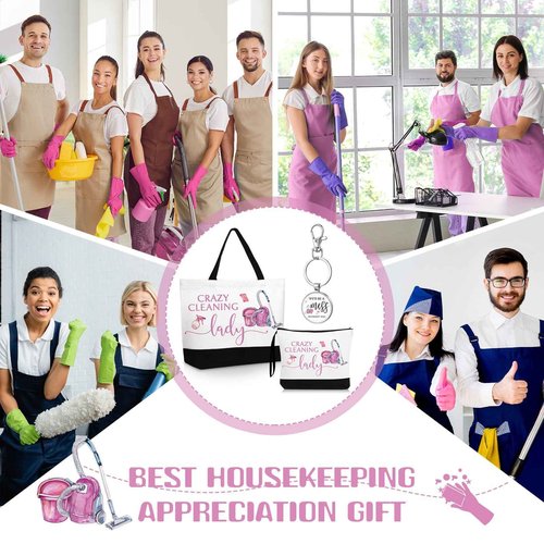 Kacctyen 3 Pcs Housekeeping Appreciation Gift, Housekeeping Week Tote Bag Cosmetic Makeup Bag Cleaning Keychain for Cleaning Service Staff Coworker