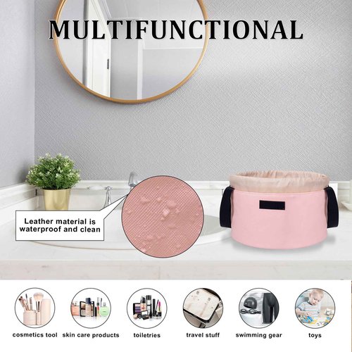 FANGENKE Drawstring Makeup Organizer,Lay Barrel Makeup Bag Cosmetic Bag Toiletry Bag for Travel,Portable Waterproof Make Up Bags for Women Brush Toiletries Accessories (Pink, Large)