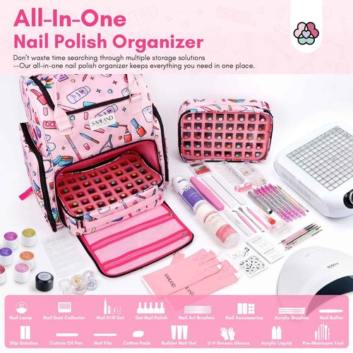 SAVILAND Nail Polish Organizer Bag: 33L Large Nail Organizers and Storage Bag Holds 80 Bottles (15ml/0.5 fl.oz) & Lamp, Portable Gel Polish Holder Carrying Case Manicure Storage Tools Travel Home Use