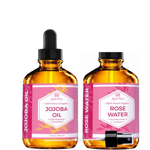 Jojoba Oil + Rose Water for Face Facial Toner Bundle by Leven Rose - Jojoba Moisturizer for Skin Hair Body and Nails 4 oz & Pure Moroccan Rosewater 4 oz