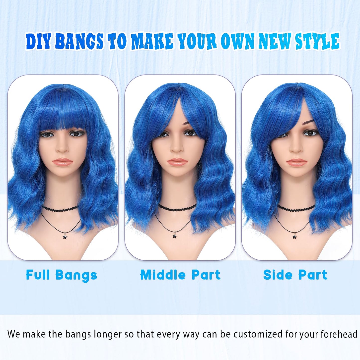 HAIRUP Blue Wig with Bangs for Women, Short Wavy Curly Royalblue Wigs 14 Inch Medium Length Colored Wig Party Cosplay Halloween Dark Blue Wigs