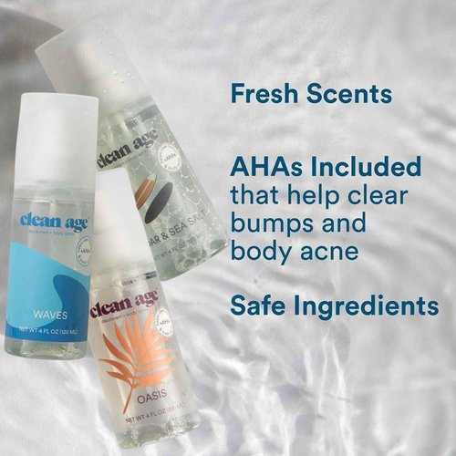 CLEAN AGE - Aluminum Free Deodorant & Body Spray for Whole Body - 3 Pack 4oz ea - Cedar, Oasis and Waves - Clean Deodorant and Body Spray for Teen Boys and Girls - With AHA Fights Body Acne