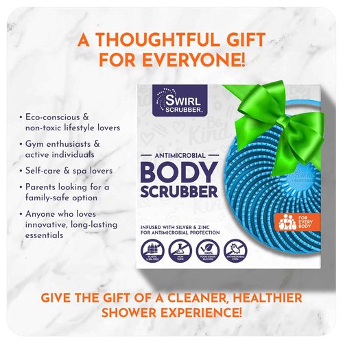 Swirl Scrubber: Antimicrobial Silicone Body Scrubber - Blue - Shower Hanger & Sticker, Lymphatic Support, Deep Exfoliation-Cleansing, Family Hygiene