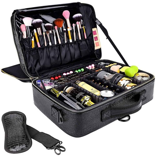 gzcz Large Capacity Travel Makeup Case Organizer,Professional Cosmetic Bags for Women,Waterproof PU Leather Makeup Bag with Adjustable Dividers and Shoulder Strap for Brushes and Jewelry
