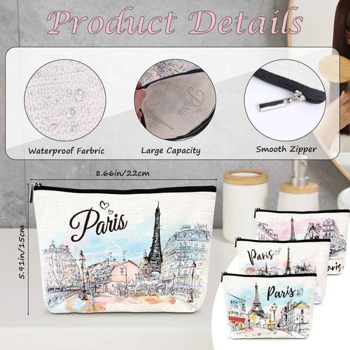 Luvsweets Paris Gifts Travel Essentials - 4Pcs Eiffel Tower Makeup Bag, France Paris City Watercolor Cosmetic Bags with Zipper Pouch, Weekend Vacation Trip Gifts for Travellers Women Girls