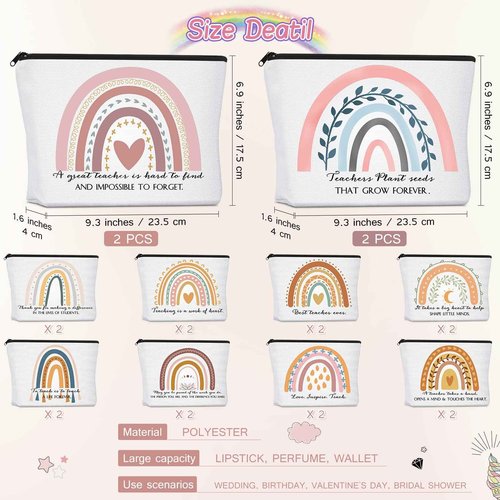 Coume 30 Pcs Teacher Appreciation Gifts for Women Bulk Inspirational Gifts Christmas Rainbow Canvas Makeup Bags Cosmetic Bag Thank You Favors for Holiday Women Teacher, 10 Styles(Elegant)