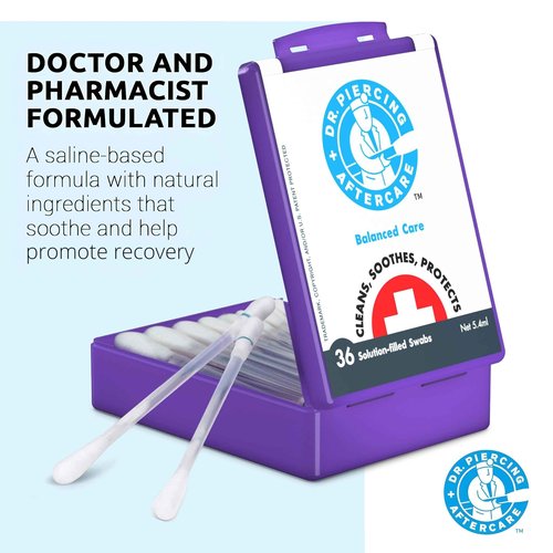 Dr. Piercing Aftercare Swabs - Saline Solution for Piercings - Earring Nose Belly Ear Piercing Cleaner - Saline Wash, Ear Hole Cleaner – Piercing Aftercare Formula - 72 swabs (2-pack)