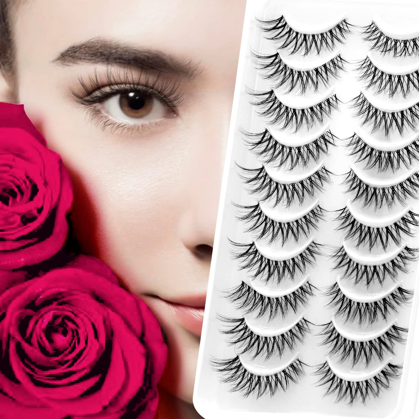 Bershnor False Lashes 3D Cat-Eye Volume Eyelashes Clear Band Lashes Natural Look Faux Mink Invisible Strip Wispy Fake Lashes 10 Pairs