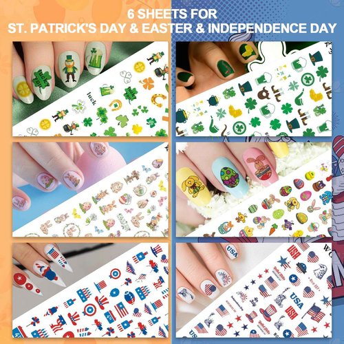 Whaline 18 Sheets Fall Nail Art Stickers All Holiday Nail Decals All Season Halloween Christmas Winter Valentine 4th of July Self-Adhesive Nail Decals for Xmas DIY Manicure Party Decor