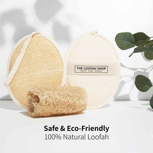 The Loofah Shop Bath Loofah Sponge, Exfoliating Body Scrubber, Shower Luffa for Men, Women and Kids Made of Eco-Friendly Natural Egyptian Loofah with Cotton Travel Pouch, 7" x 5.25" (2pack 4pcs)